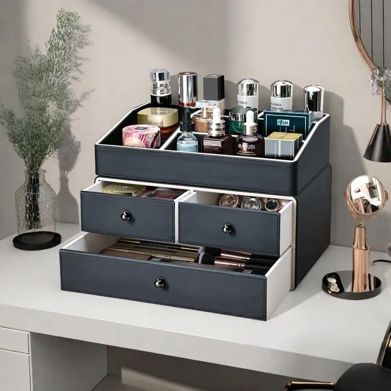 KINGFOM 2 Tier PU Leather Makeup Organizer with 3 Drawers, Cosmetic Storage Organizers for vanity Dresser Countertop and Bathroom Vanity, Beauty Holder for Lipstick Brush Skincare (Black)