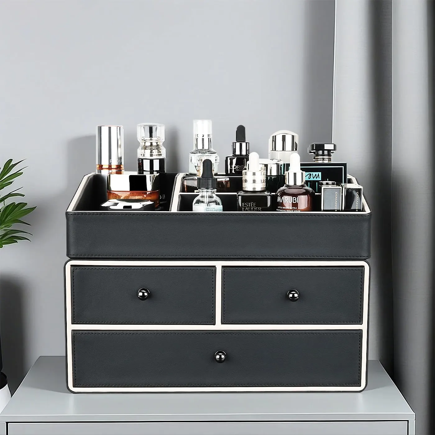 KINGFOM 2 Tier PU Leather Makeup Organizer with 3 Drawers, Cosmetic Storage Organizers for vanity Dresser Countertop and Bathroom Vanity, Beauty Holder for Lipstick Brush Skincare (Black)
