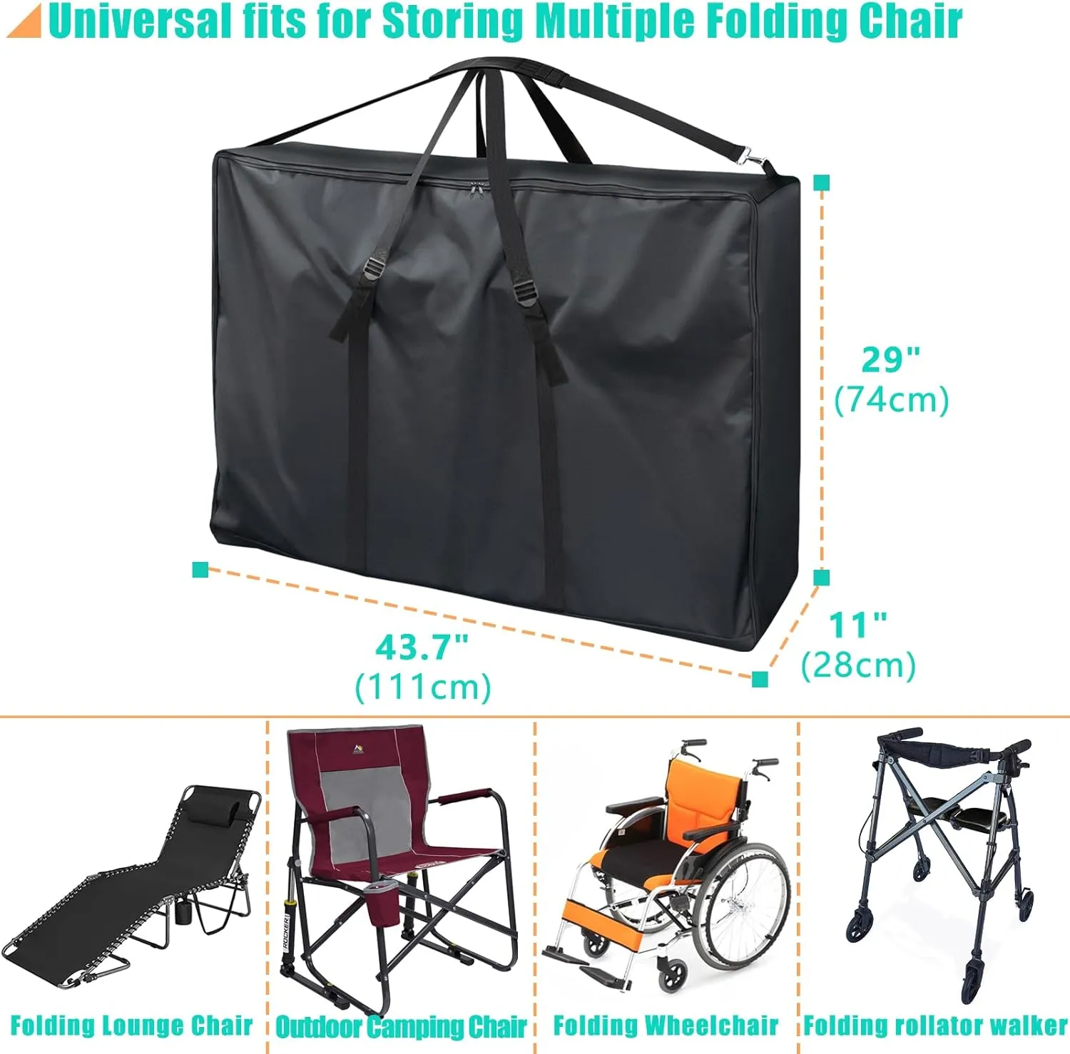 Kovshuiwe Large Outside Chair Storage Bag, 600D Chair Carry Bag for Zero Gravity Chair Cover, Heavy Duty Folding Lounge Chair Carrying Case, Extra Large Moving Bags with Zippers