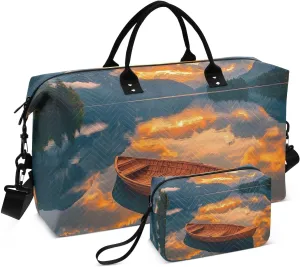 Lake Boat Landscape Duffel Bag for Traveling, Gym Bags with Multiple Interior Pockets for Women Men Toiletry Purse Included 20.5”x 1.9” x 13.8”