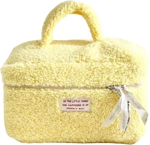 Large Capacity Fuzzy Makeup Bag Soft Plush Preppy Travel Cosmetic Bag Toiletry Bag Makeup Pouch for Teens Women Girls