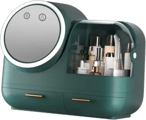 Large Capacity LED Light Mirror Makeup Storage Box with Drawers, Portable Plastic Cosmetic Organizer for Women (Green)