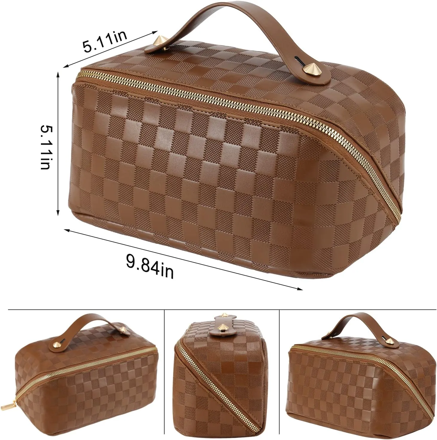 Large Capacity Travel Cosmetic Bag - Portable Makeup Bags for Women Waterproof PU Leather Checkered Makeup Organizer Bag with Dividers and Handle,Toiletry Bag for Cosmetics