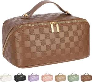 Large Capacity Travel Cosmetic Bag - Portable Makeup Bags for Women Waterproof PU Leather Checkered Makeup Organizer Bag with Dividers and Handle,Toiletry Bag for Cosmetics