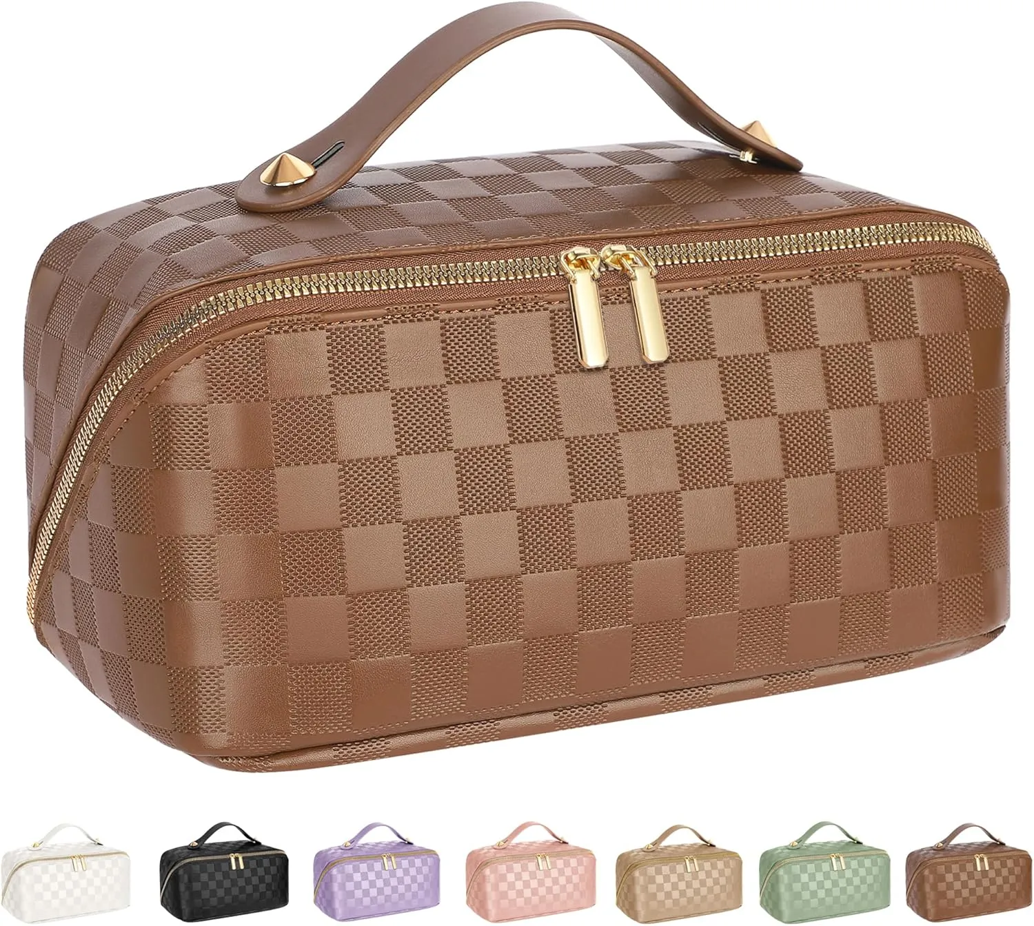 Large Capacity Travel Cosmetic Bag - Portable Makeup Bags for Women Waterproof PU Leather Checkered Makeup Organizer Bag with Dividers and Handle,Toiletry Bag for Cosmetics