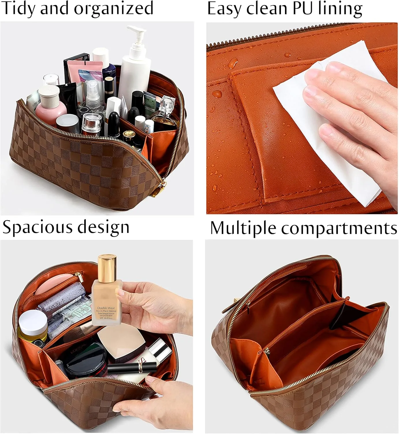 Large Capacity Travel Cosmetic Bag - Portable Makeup Bags for Women Waterproof PU Leather Checkered Makeup Organizer Bag with Dividers and Handle,Toiletry Bag for Cosmetics