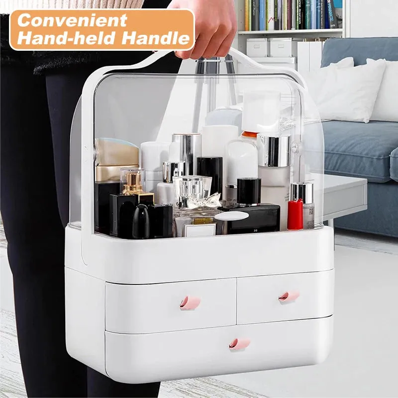 Large Capacity White/Pink Cosmetic Organizer with Transparent Drawers, Elegant Plastic Jewelry Storage Box