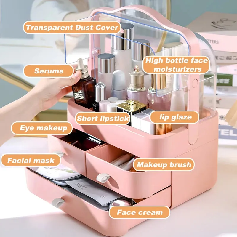 Large Capacity White/Pink Cosmetic Organizer with Transparent Drawers, Elegant Plastic Jewelry Storage Box
