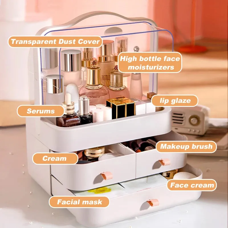Large Capacity White/Pink Cosmetic Organizer with Transparent Drawers, Elegant Plastic Jewelry Storage Box