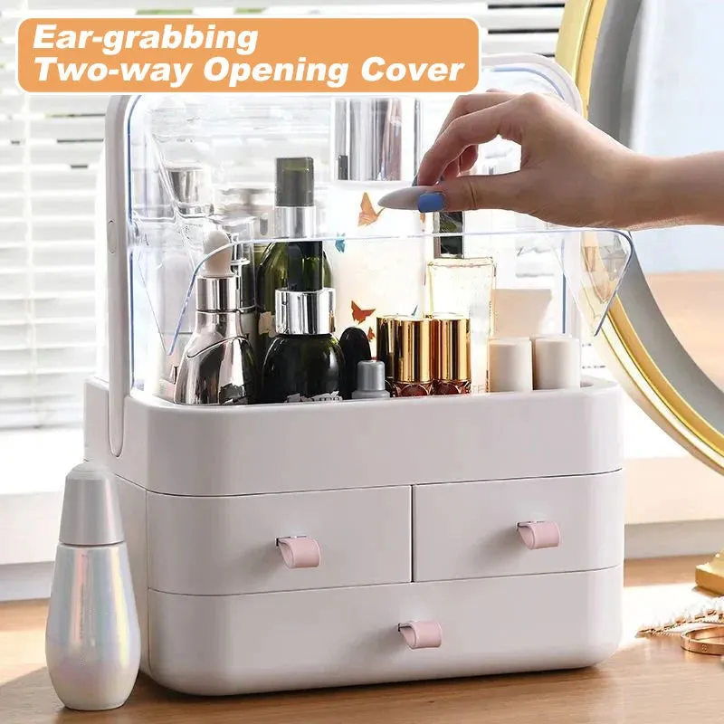 Large Capacity White/Pink Cosmetic Organizer with Transparent Drawers, Elegant Plastic Jewelry Storage Box