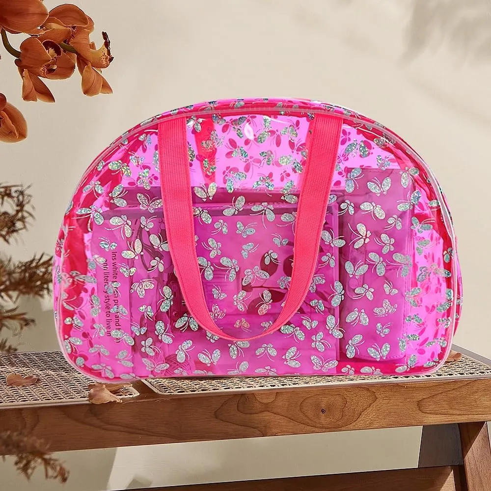 Large Clear Butterfly Cosmetic Bag and Travel Pouch with Handle,Durable PVC Material,Zipper Design-Ideal for Makeup,Travel Essentials (Pink)