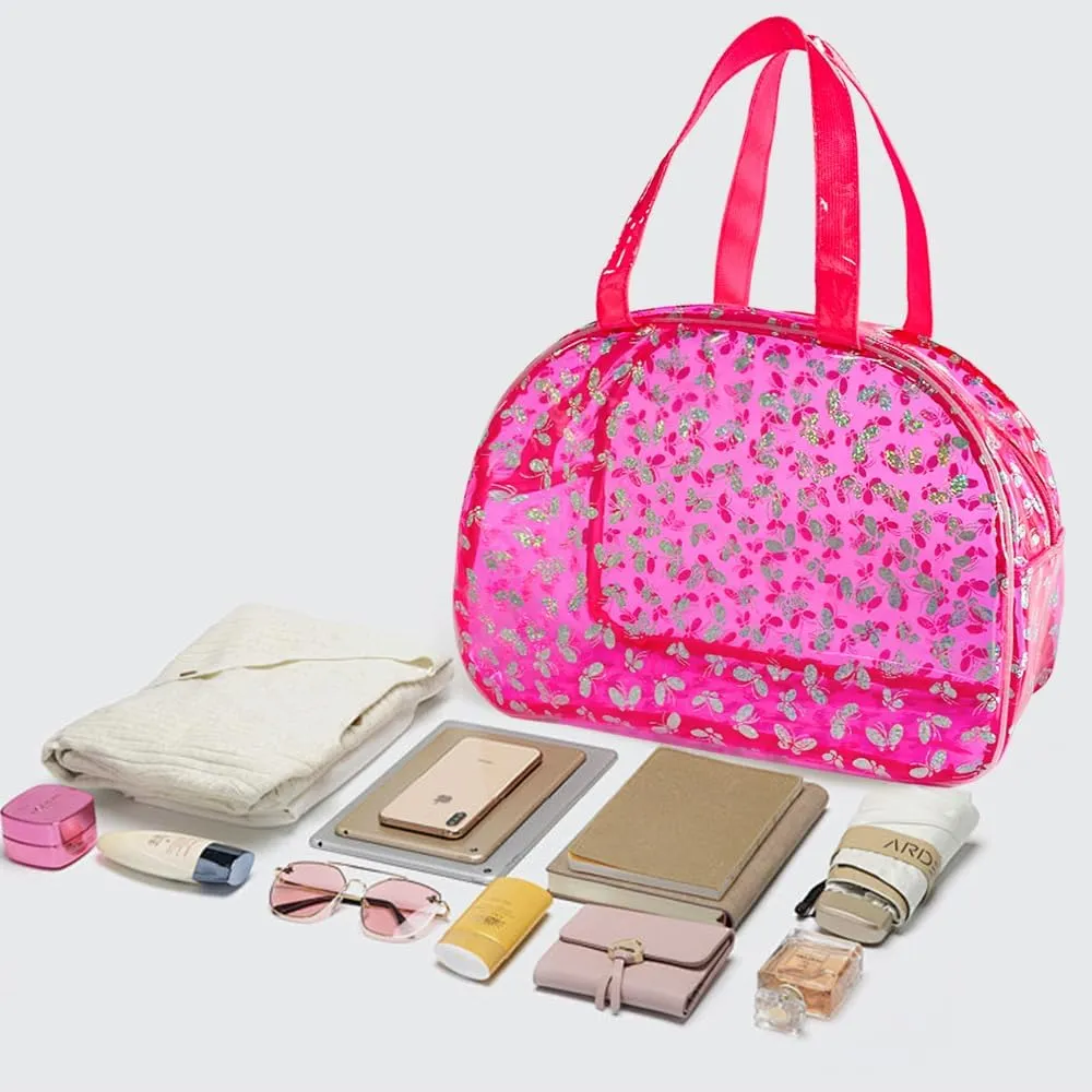 Large Clear Butterfly Cosmetic Bag and Travel Pouch with Handle,Durable PVC Material,Zipper Design-Ideal for Makeup,Travel Essentials (Pink)