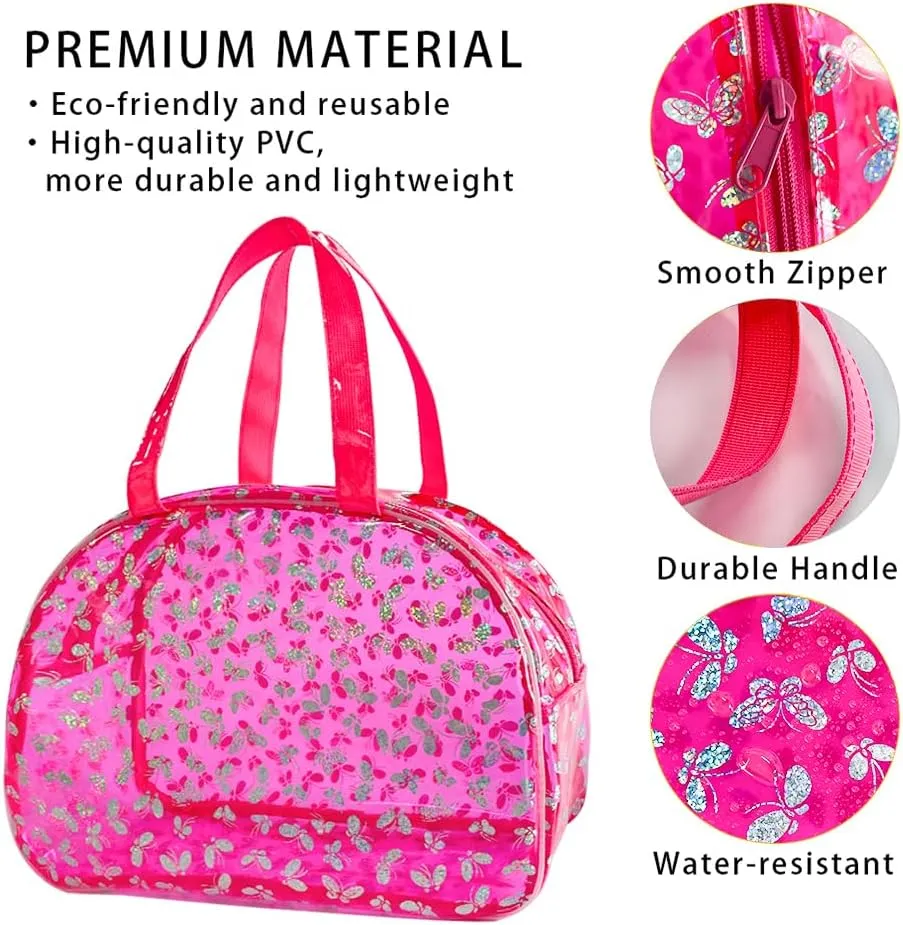 Large Clear Butterfly Cosmetic Bag and Travel Pouch with Handle,Durable PVC Material,Zipper Design-Ideal for Makeup,Travel Essentials (Pink)