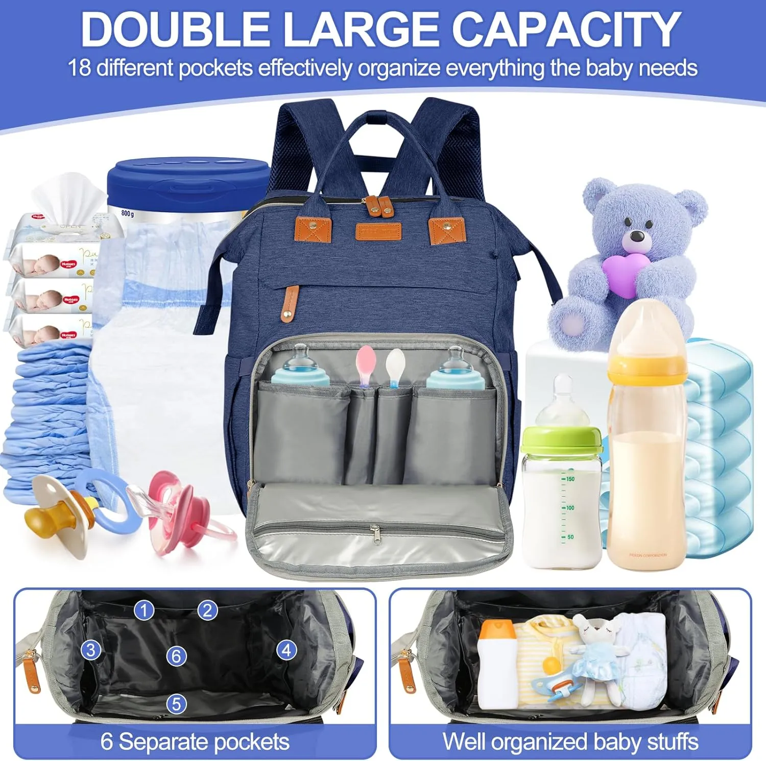 large diaper bag backpack，baby bag with changing station for Boys Girls，Multifunctional Diaper Bag，Mommy Bag With USB Charging Port（Blue）