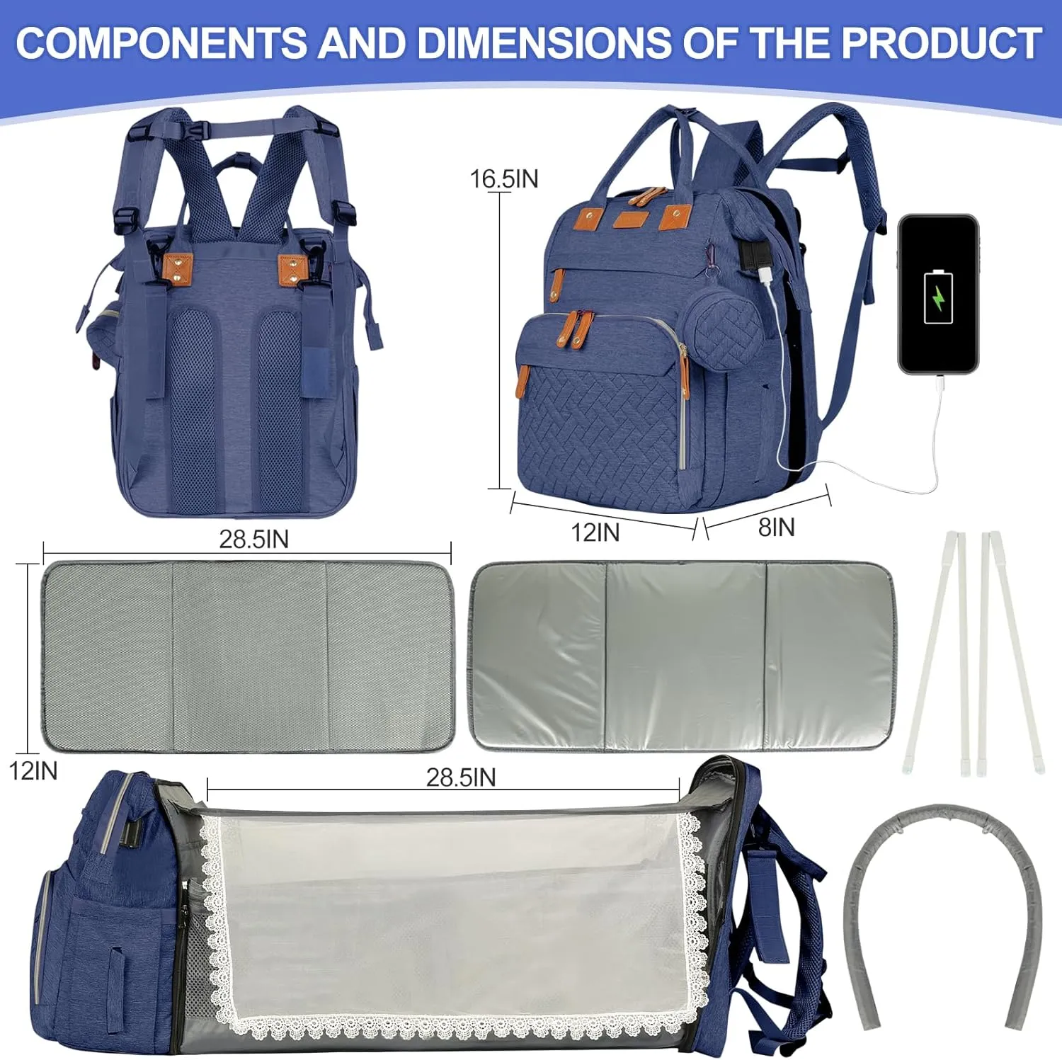 large diaper bag backpack，baby bag with changing station for Boys Girls，Multifunctional Diaper Bag，Mommy Bag With USB Charging Port（Blue）