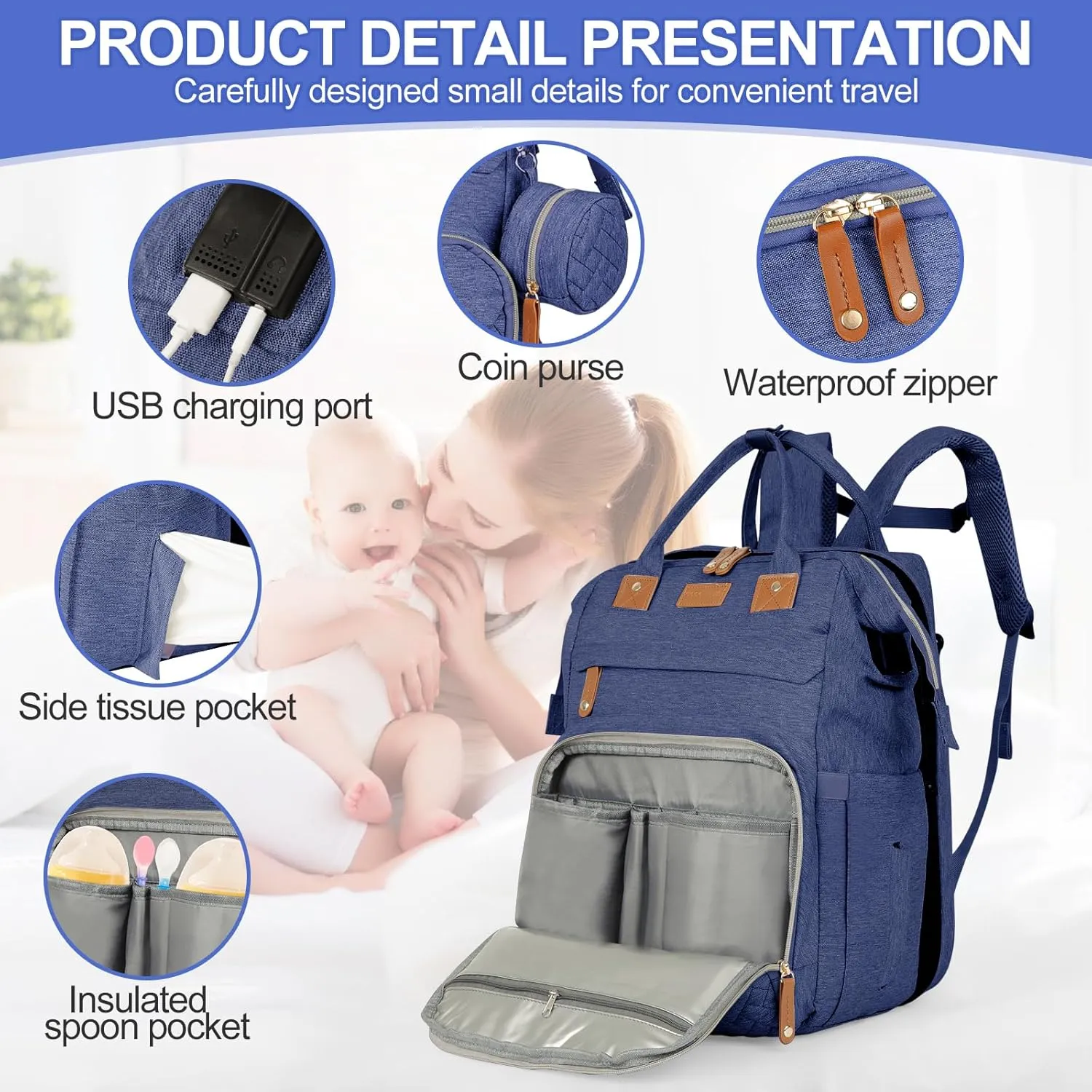 large diaper bag backpack，baby bag with changing station for Boys Girls，Multifunctional Diaper Bag，Mommy Bag With USB Charging Port（Blue）