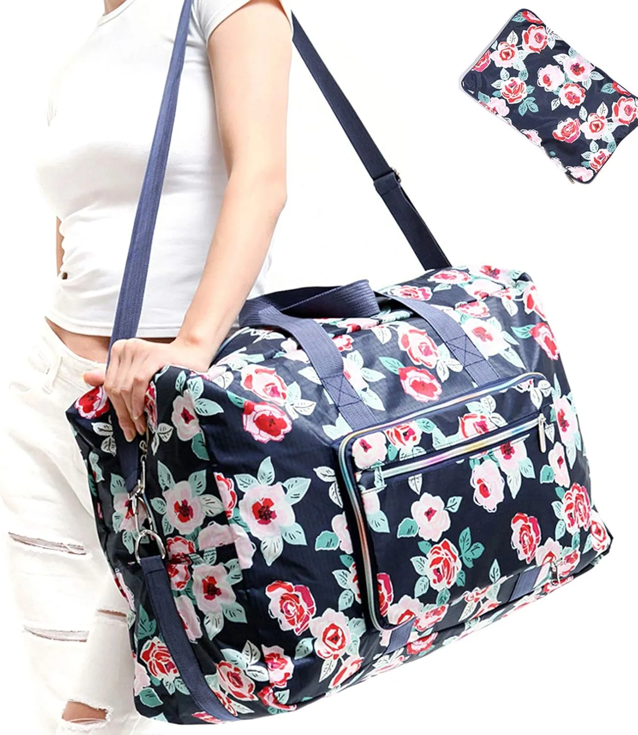 Large Foldable Travel Duffel Bag, Sports Tote Gym Bag For Women with Trolley Sleeve Weekender Overnight Carry On Checked Luggage Bag Hospital Bag Tote Shoulder Handbag Bag