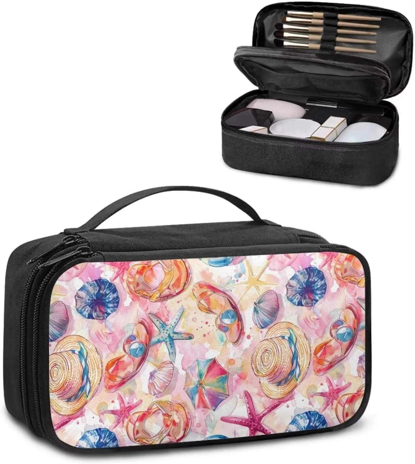 Large Makeup Bag Beach Theme Toiletry Pouch Purse Portable Size Lipstick Case Compact Cosmetic Bags for Women Dust Proof Makeup BrushShaving Bag Aesthetic Clutch Wallet