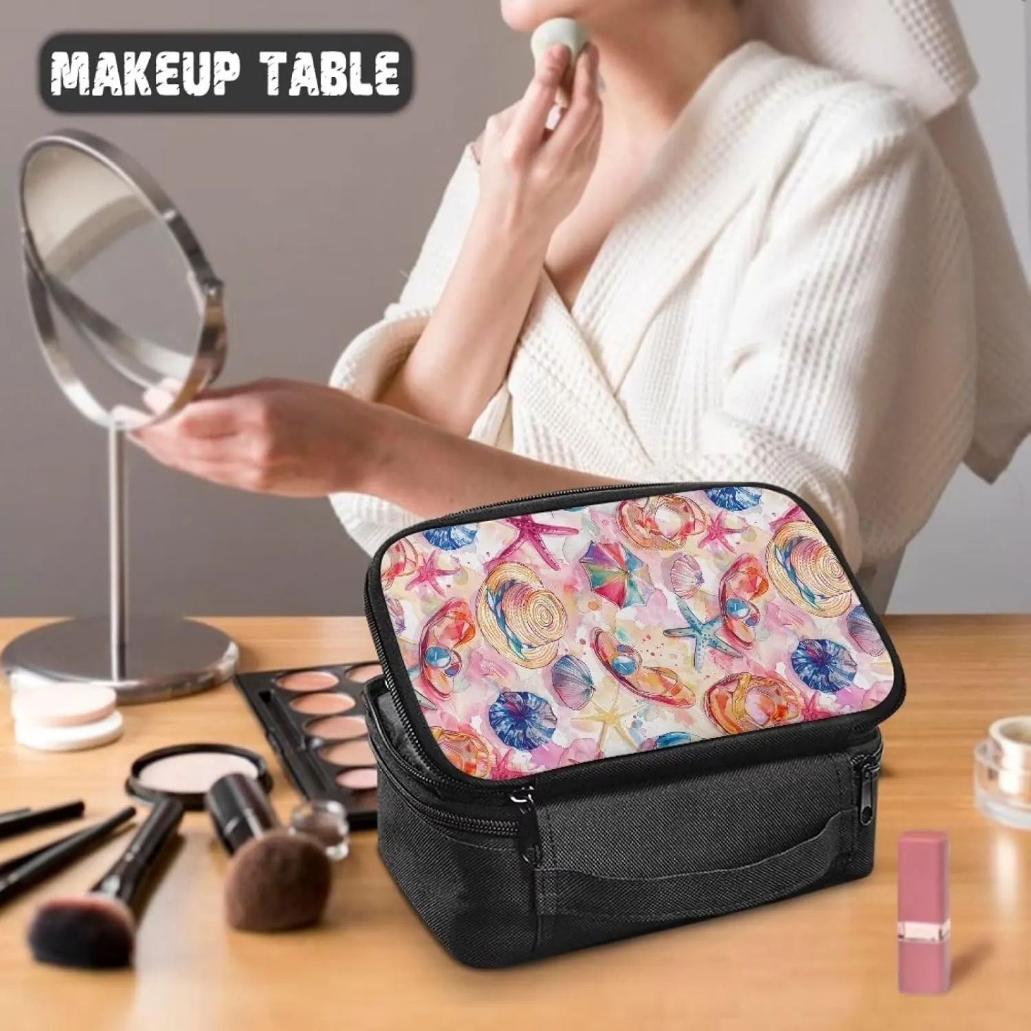 Large Makeup Bag Beach Theme Toiletry Pouch Purse Portable Size Lipstick Case Compact Cosmetic Bags for Women Dust Proof Makeup BrushShaving Bag Aesthetic Clutch Wallet