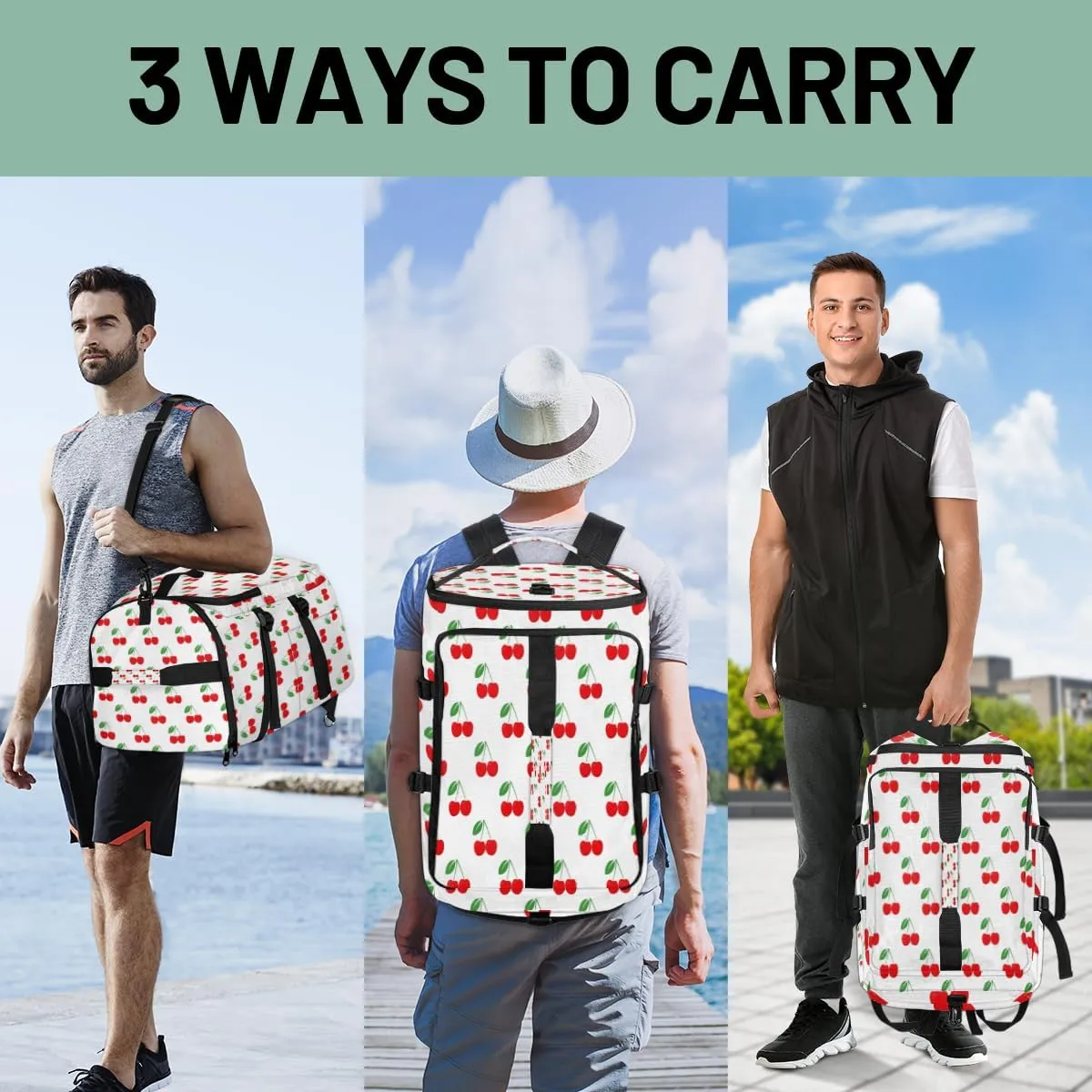 Large Sports Gym Bag With Shoe & Laptop Compartment 47L Waterproof Travel Duffel Bags for Men Women Cherry Fruits Luggage Backpack Duffle Bag
