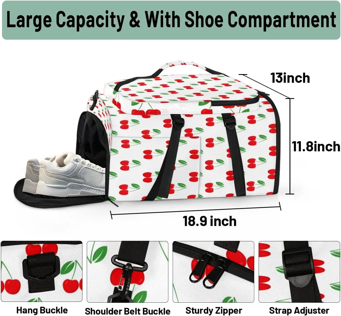 Large Sports Gym Bag With Shoe & Laptop Compartment 47L Waterproof Travel Duffel Bags for Men Women Cherry Fruits Luggage Backpack Duffle Bag