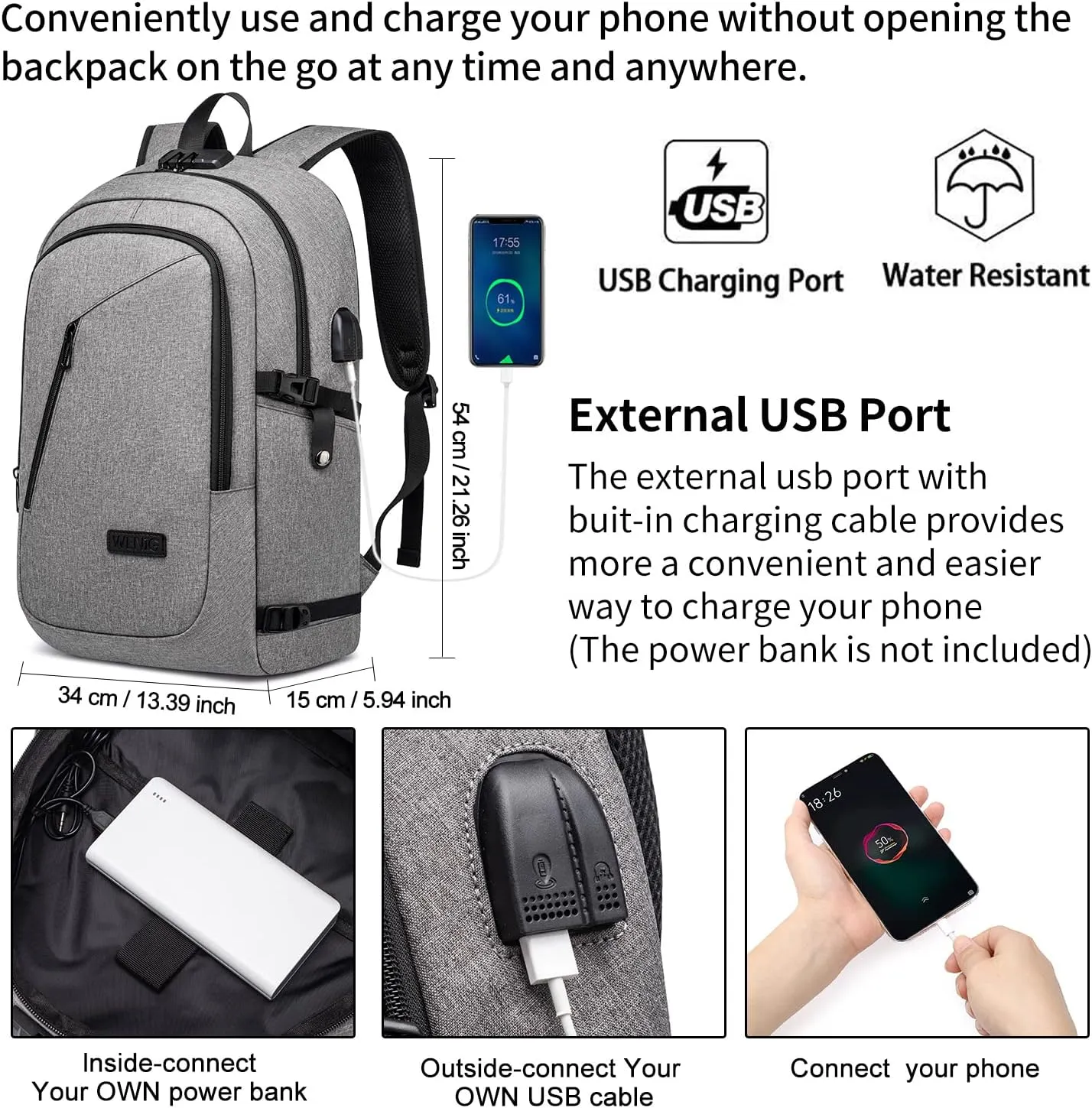 Large Travel Laptop Backpack Water Resistant Anti-Theft 17inch Laptop Bag with USB Charging Port and Lock,Big Business Backpack for Men and Women, Durable Big Capacity Heavy Duty Computer Bag,Grey