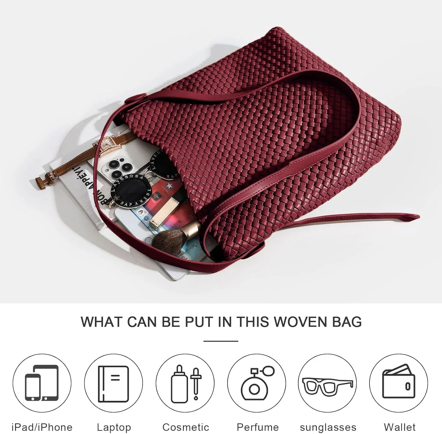 Large Woven Tote Bag Vegan Leather Shoulder Bag for Women Fashion Travel Shopper Bag Top Handle Handbag and Purse