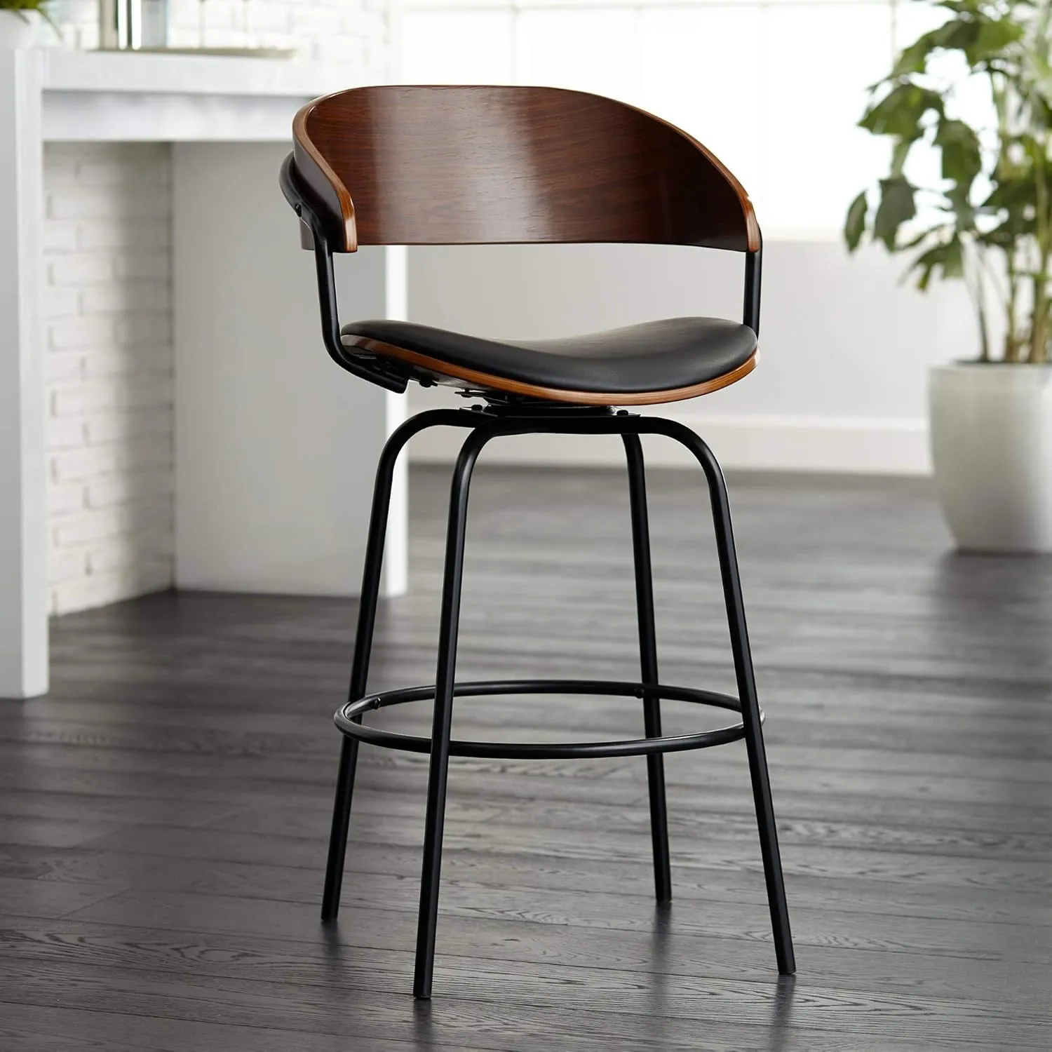 Larsen Walnut Wood Metal Swivel Bar Stool Black 26" High Mid Century Modern Faux Leather Upholstered Round Cushion with Backrest Footrest for Kitchen Counter Height Island Home