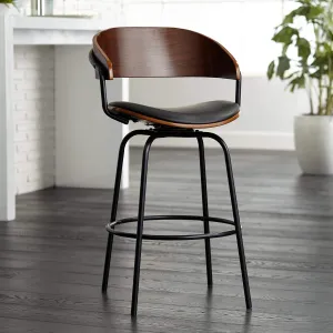 Larsen Walnut Wood Metal Swivel Bar Stool Black 26" High Mid Century Modern Faux Leather Upholstered Round Cushion with Backrest Footrest for Kitchen Counter Height Island Home