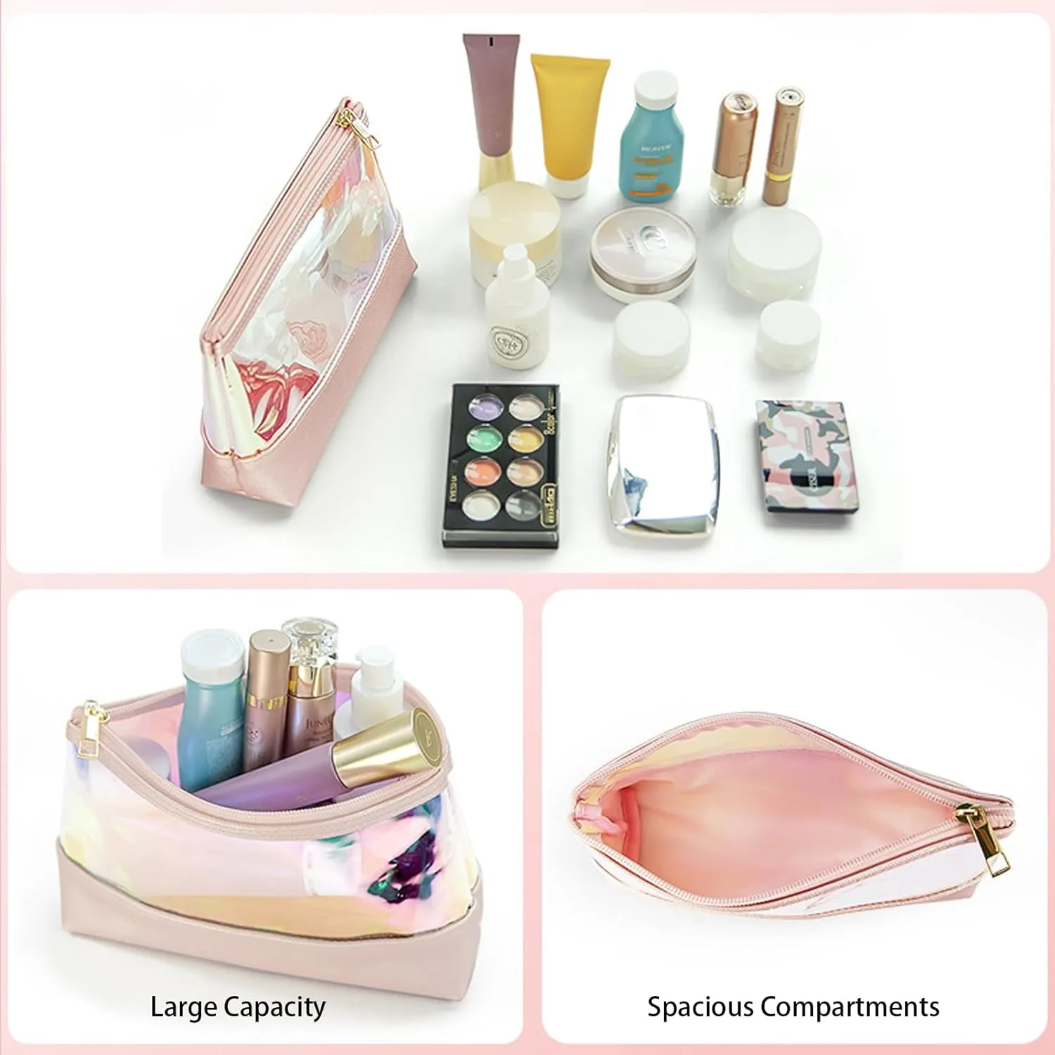 Laser Cosmetic Bag Clear Makeup Bag Portable Zippered Toiletry Bag Waterproof Makeup Bag Organizer for Travel and Daily Use (square bag)