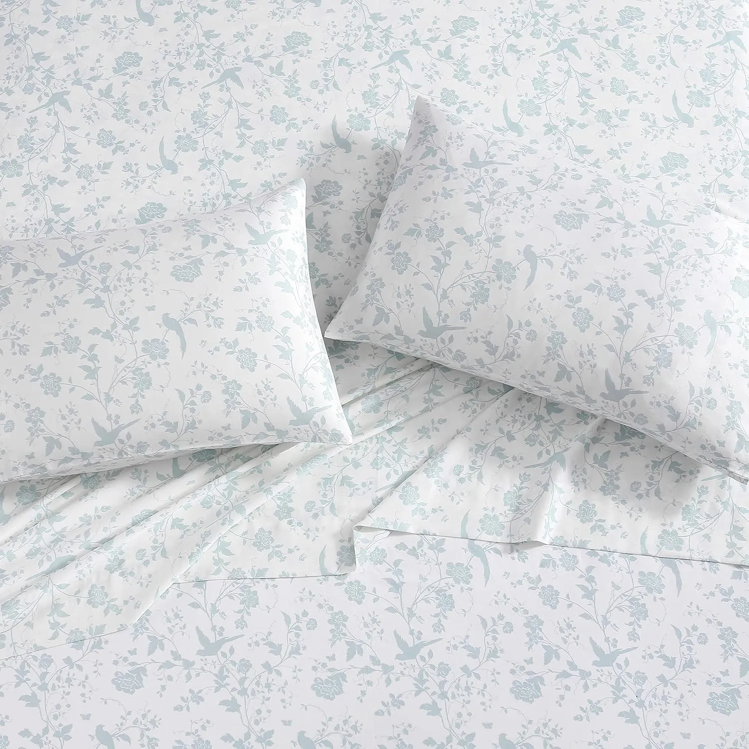 Laura Ashley Home - Standard Pillowcase Set, Cotton Sateen Bedding, Smooth & Wrinkle-Resistant (Garden Palace Aqua, 2 Piece)