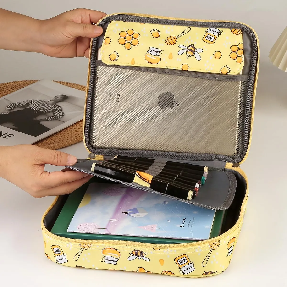 Lbxgap Multi-Functional Zipper Pencil ipad case with Handle and Zippered Pocket, Carrying Protective Bag with Bookmark and Book Fixing Straps for Travel Office