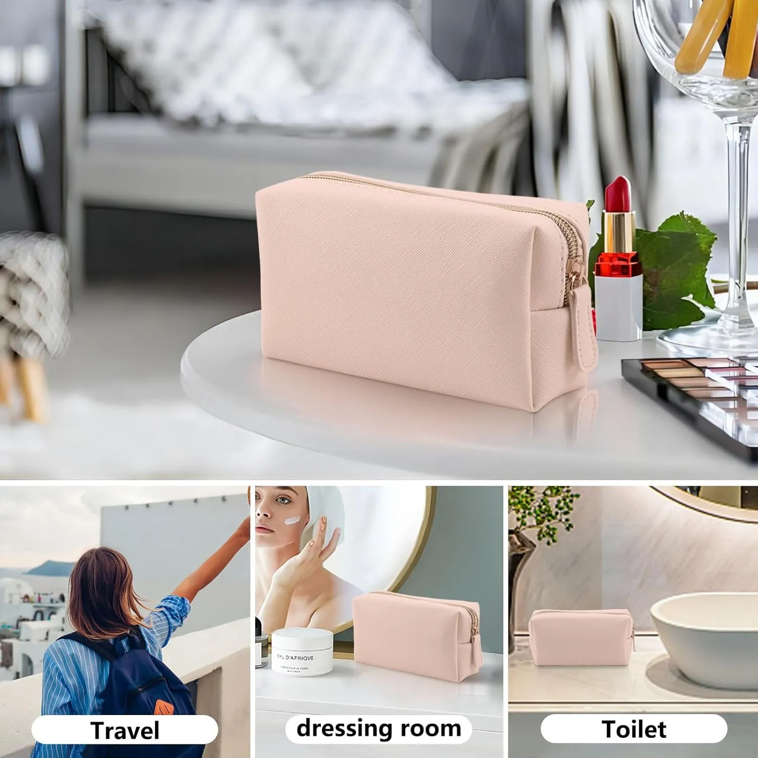 Leather Makeup Bag for Purse Travel, Portable Small Cosmetic Organizer for Women and Girls, Make up Bag with Zipper