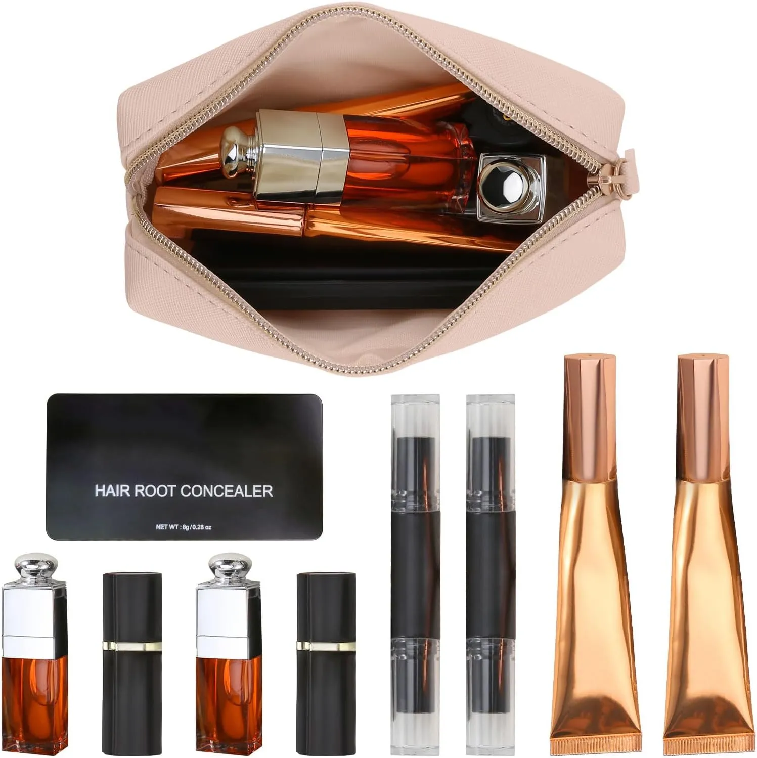 Leather Makeup Bag for Purse Travel, Portable Small Cosmetic Organizer for Women and Girls, Make up Bag with Zipper