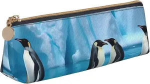 Leather Pencil Case Zipper Pencil Holder Penguins On The Iceberg Pencil Bag Cute Pencil Pouch for Women Men Pencil Pouch Travel Makeup Bag Coin Pouch for Work Office
