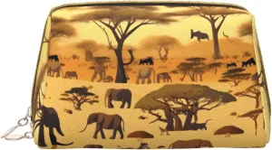 Leather portable cosmetic bag, zipper closure to take items, suitable for storage at home and travelAfrican grassland animals