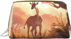 Leather travel cosmetic bag, African savannah giraffe calf portable cosmetic bag, large capacity cosmetic storage bag with pockets,