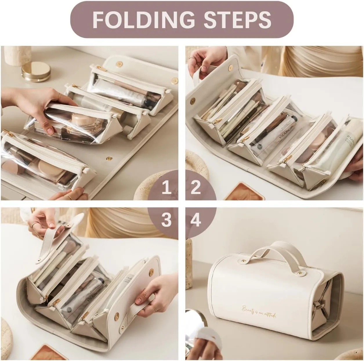 Leather Waterproof Cosmetic Bag Detachable 4 in 1 2025 New Roll up Cosmetic Travel Make up Toiletry Bag for Women Foldable Makeup Cosmetic Travel Bag Hanging Cosmetic Bag with Compartments (Black)