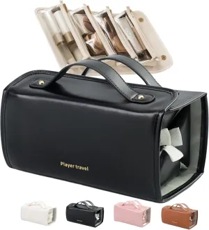 Leather Waterproof Cosmetic Bag Detachable 4 in 1 2025 New Roll up Cosmetic Travel Make up Toiletry Bag for Women Foldable Makeup Cosmetic Travel Bag Hanging Cosmetic Bag with Compartments (Black)