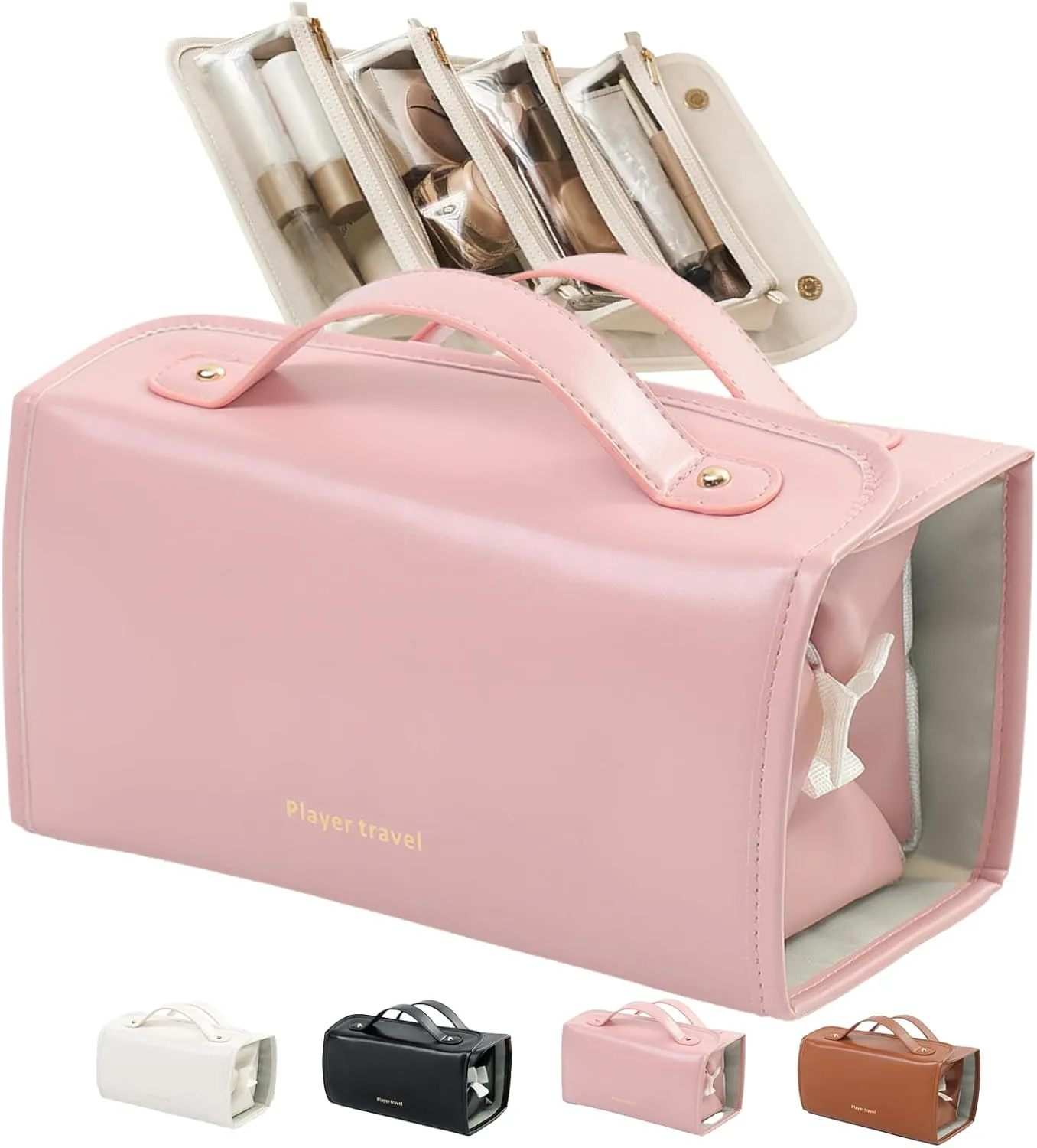 Leather Waterproof Cosmetic Bag Detachable 4 in 1 2025 New Roll up Cosmetic Travel Make up Toiletry Bag for Women Foldable Makeup Cosmetic Travel Bag Hanging Cosmetic Bag with Compartments (Pink)