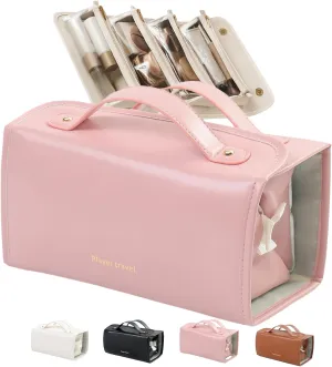 Leather Waterproof Cosmetic Bag Detachable 4 in 1 2025 New Roll up Cosmetic Travel Make up Toiletry Bag for Women Foldable Makeup Cosmetic Travel Bag Hanging Cosmetic Bag with Compartments (Pink)