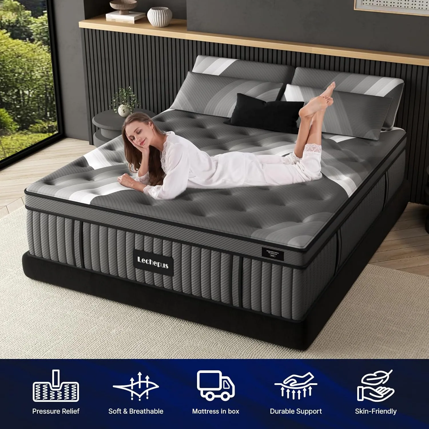 Lechepus 14Inch King Hybrid Mattress in Box, Plush Memory Foam Queen Size Mattress Sleep Presssure Relief, 5-Zone Individual Pocket Spring Mattresses, CertiPUR-US Certified None of Fiberglass