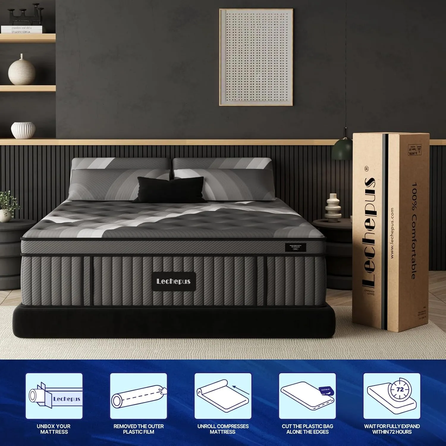 Lechepus 14Inch King Hybrid Mattress in Box, Plush Memory Foam Queen Size Mattress Sleep Presssure Relief, 5-Zone Individual Pocket Spring Mattresses, CertiPUR-US Certified None of Fiberglass