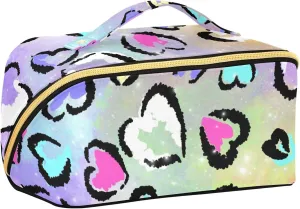 Leopard Heart Print Travel Makeup Bag Portable Cosmetic Pouch Large Capacity Make up Bag Toiletry Bag with Divider and Handle for Women