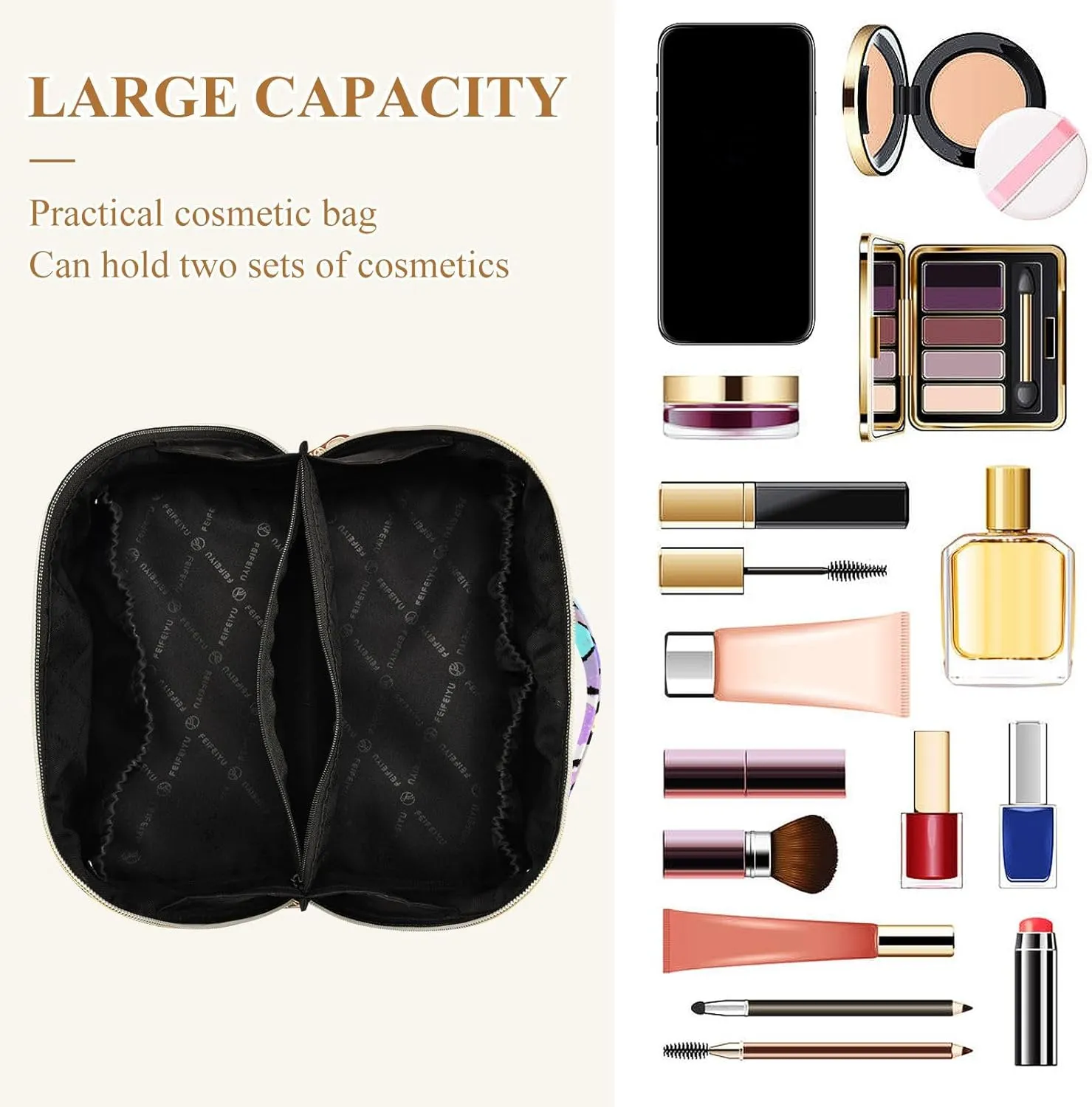 Leopard Heart Print Travel Makeup Bag Portable Cosmetic Pouch Large Capacity Make up Bag Toiletry Bag with Divider and Handle for Women