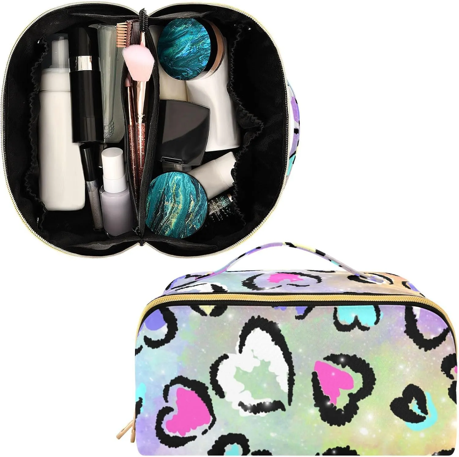 Leopard Heart Print Travel Makeup Bag Portable Cosmetic Pouch Large Capacity Make up Bag Toiletry Bag with Divider and Handle for Women