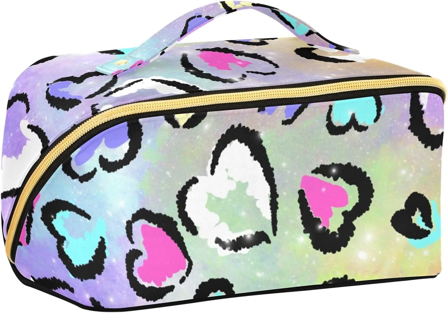 Leopard Heart Print Travel Makeup Bag Portable Cosmetic Pouch Large Capacity Make up Bag Toiletry Bag with Divider and Handle for Women