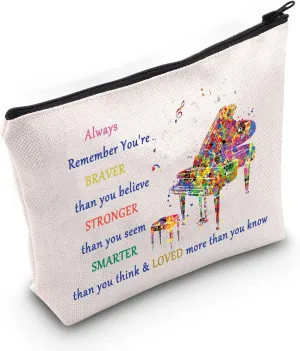 LEVLO Piano Music Cosmetic Make Up Bag Pianist Gifts Idea You Are Braver Stronger Smarter Than You Think Piano Makeup Zipper Pouch Bag (Always Piano)