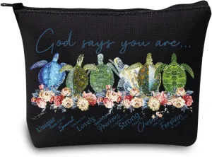 LEVLO Sea Turtle Cosmetic Make Up Bag Turtle Lover Gift God Says You Are Unique Special Lovely Chosen Forgiven Makeup Zipper Pouch Bag For Women Girls