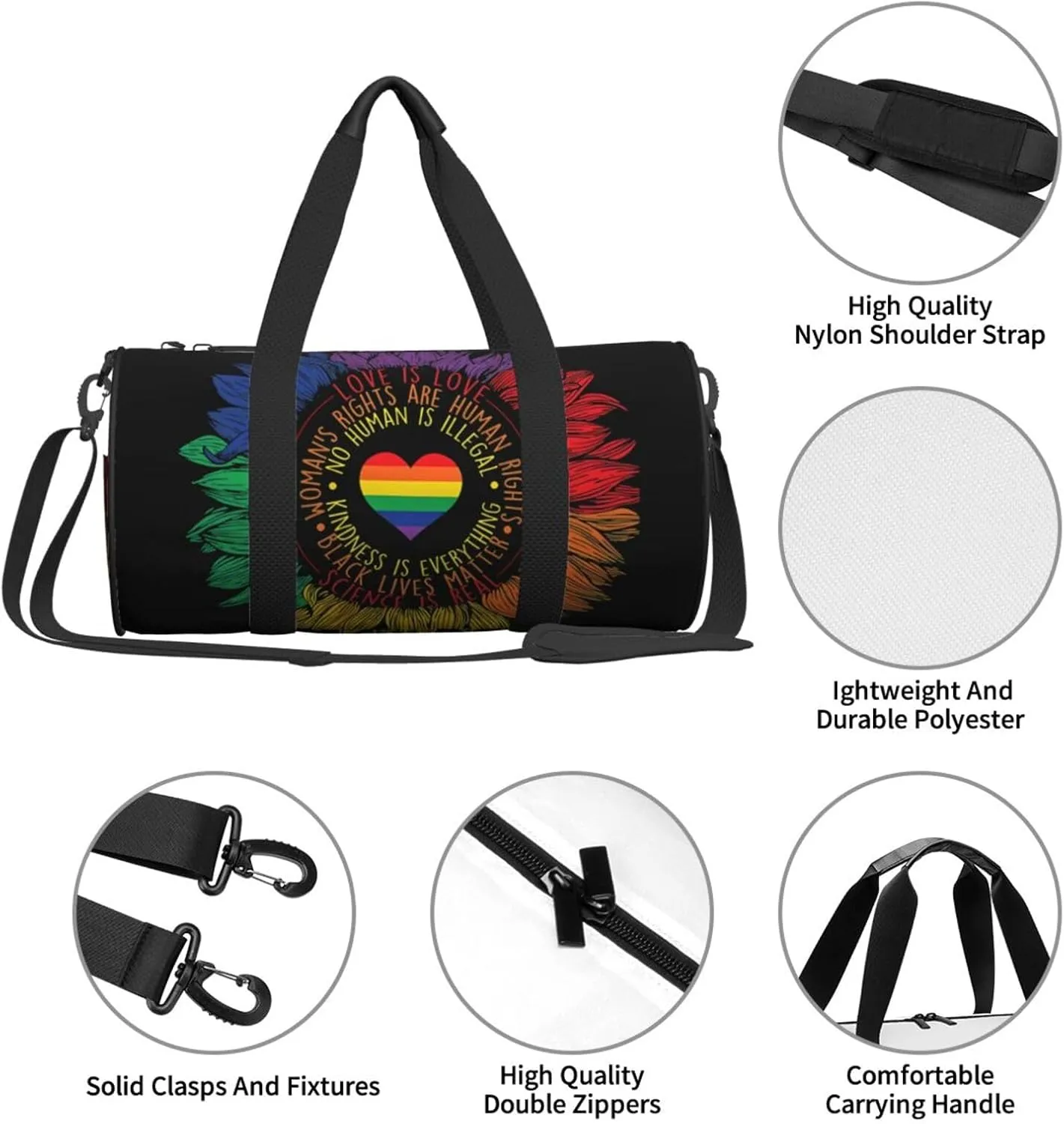 LGBT Pride Rainbow Gay Sunflower Science Is Real Love Is Love Round Travel Duffel Bag Large Capacity Gym Sports Bags for Hiking Vacation Trips